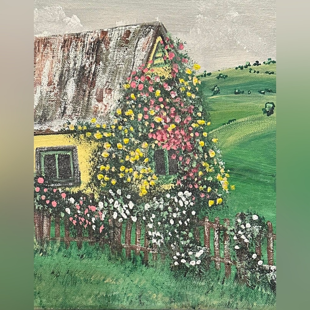 Rustic Countryside Cottage Painting with Floral Blooms